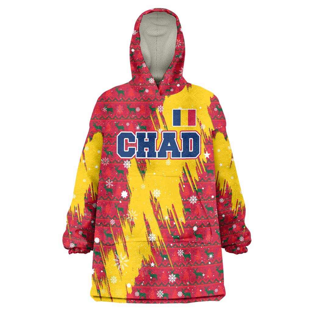 Chad Christmas Wearable Blanket Hoodie with Red-Yellow Festive Pattern, National Coat of Arms, and Snowflake Accents - Shopicos
