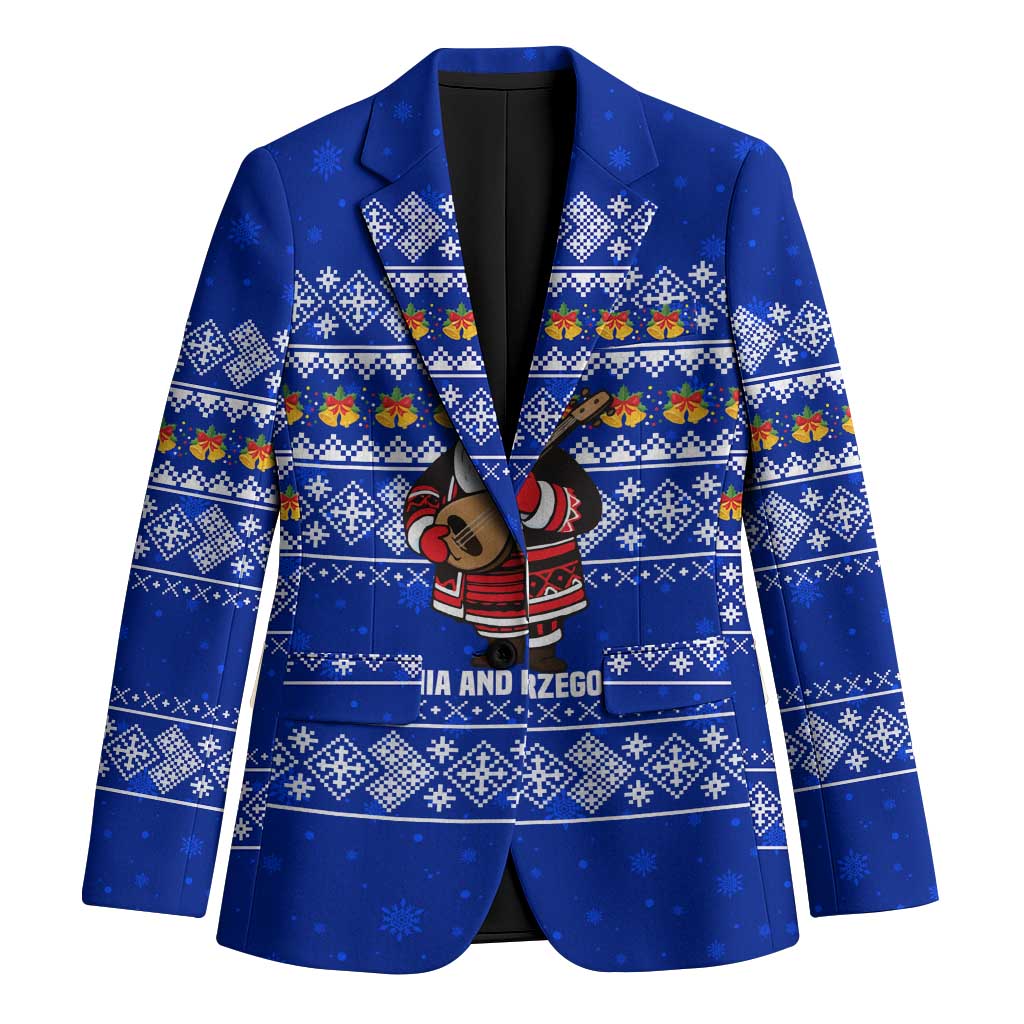 Bosnia and Herzegovina Christmas Blazer with Santa Playing Traditional Instrument and Blue Snowflake Pattern - Shopicos