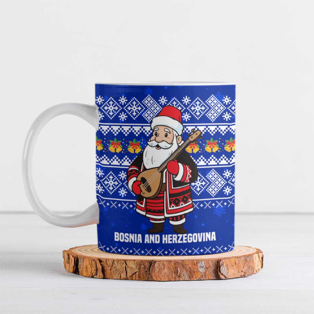 Bosnia and Herzegovina Christmas Ceramic Mug with Santa Playing Traditional Instrument and Blue Snowflake Pattern - Shopicos