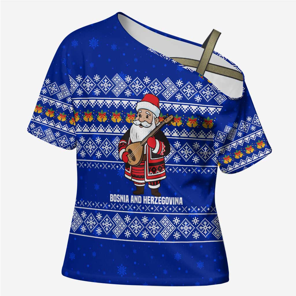Bosnia and Herzegovina Christmas Cross Shoulder Shirt with Santa Playing Traditional Instrument and Blue Snowflake Pattern - Shopicos