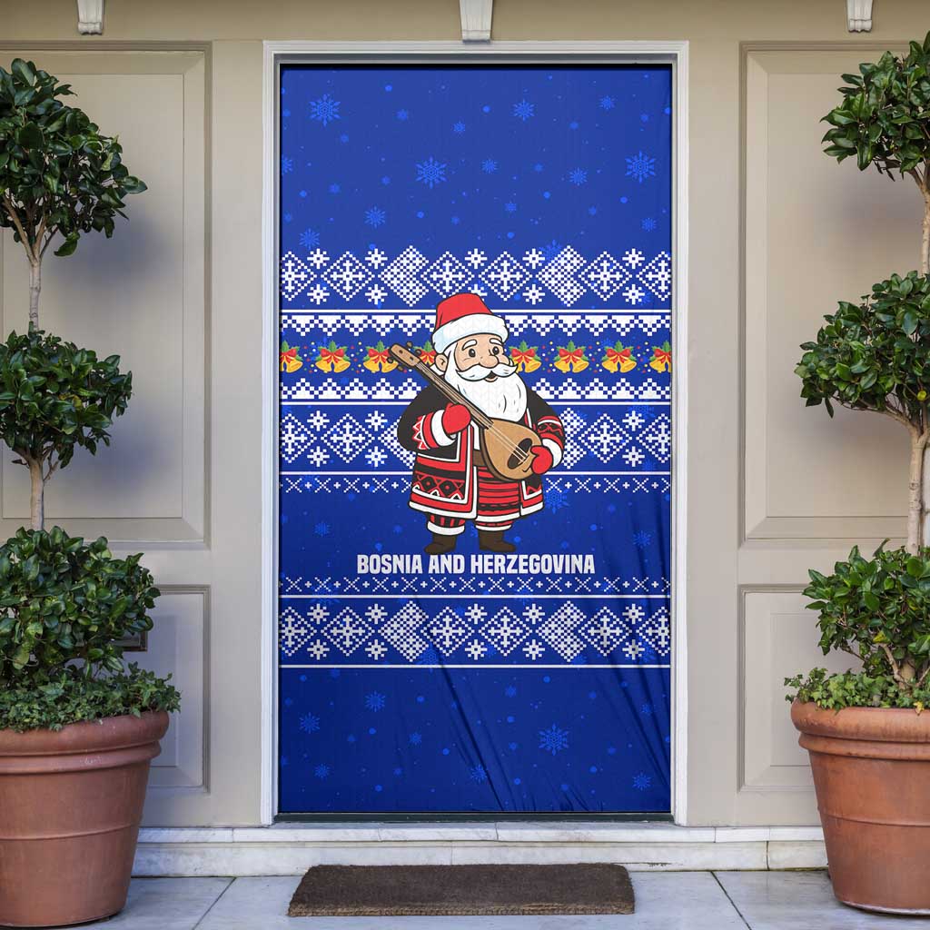 Bosnia and Herzegovina Christmas Door Cover with Santa Playing Traditional Instrument and Blue Snowflake Pattern - Shopicos
