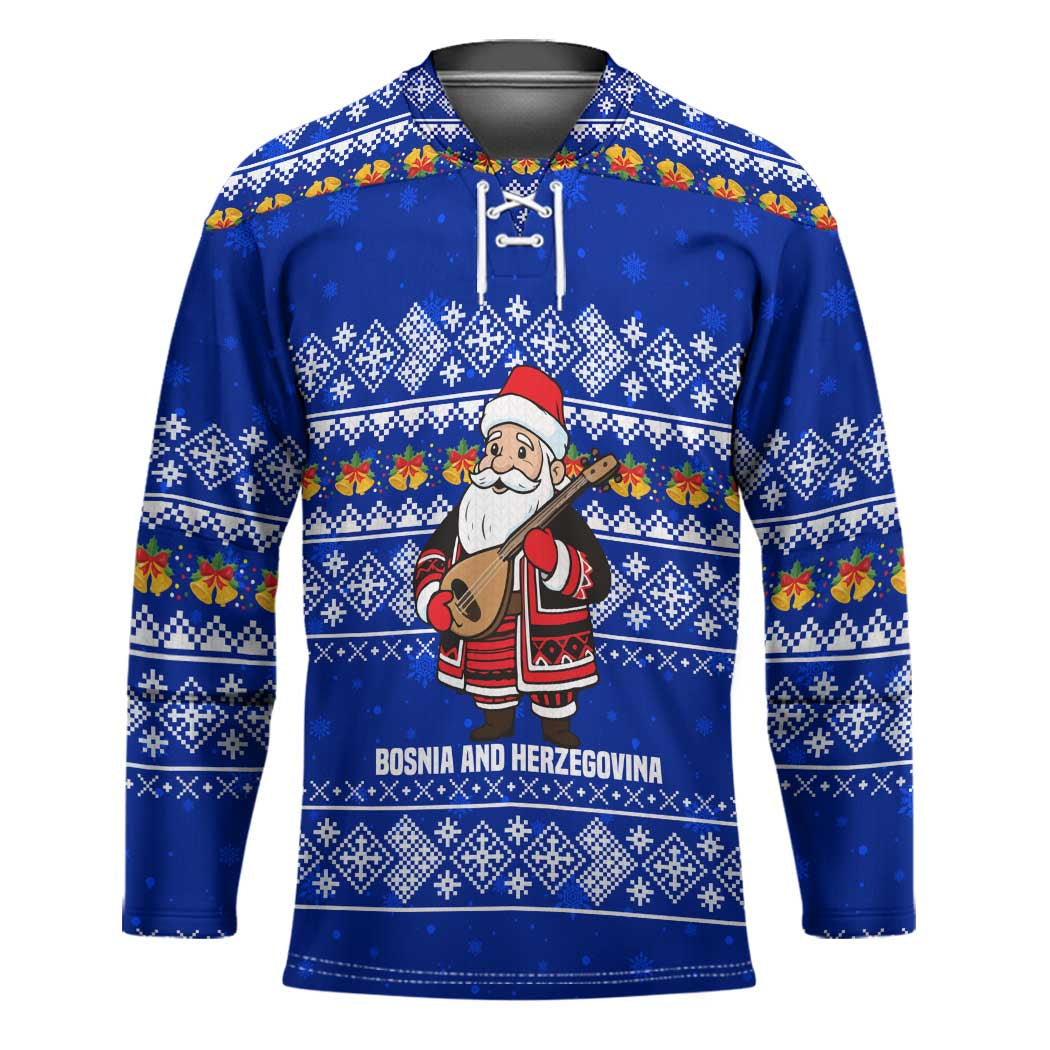Bosnia and Herzegovina Christmas Hockey Jersey with Santa Playing Traditional Instrument and Blue Snowflake Pattern - Shopicos