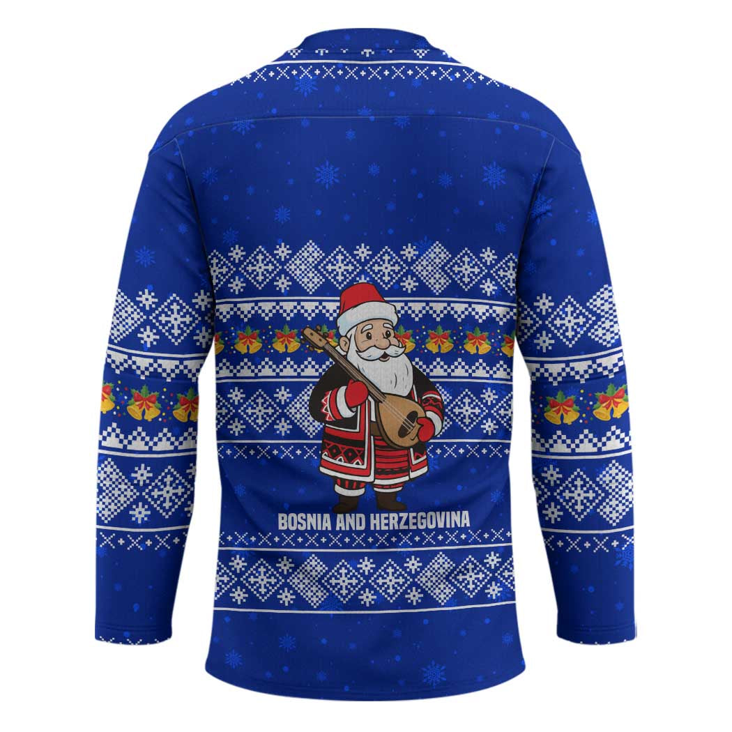 Bosnia and Herzegovina Christmas Hockey Jersey with Santa Playing Traditional Instrument and Blue Snowflake Pattern - Shopicos