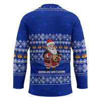 Bosnia and Herzegovina Christmas Hockey Jersey with Santa Playing Traditional Instrument and Blue Snowflake Pattern - Shopicos