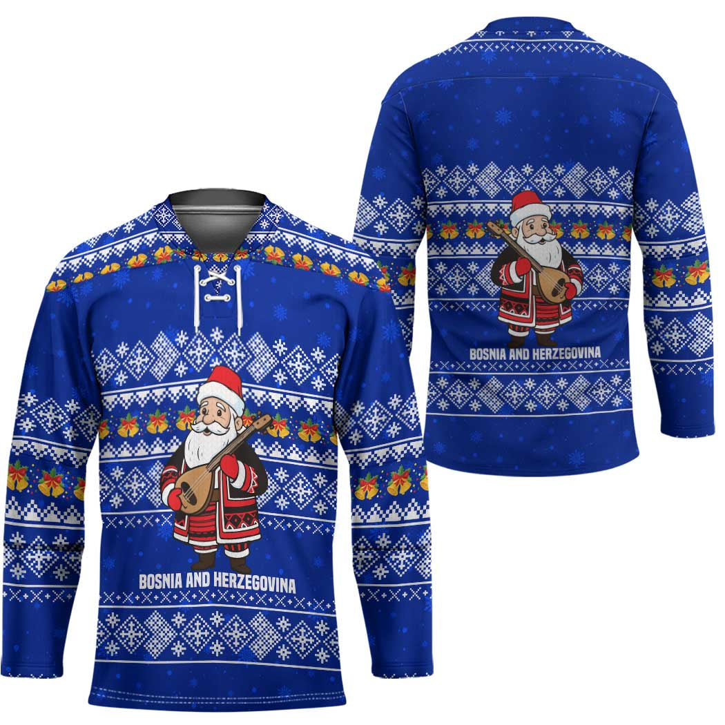 Bosnia and Herzegovina Christmas Hockey Jersey with Santa Playing Traditional Instrument and Blue Snowflake Pattern - Shopicos