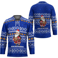 Bosnia and Herzegovina Christmas Hockey Jersey with Santa Playing Traditional Instrument and Blue Snowflake Pattern - Shopicos
