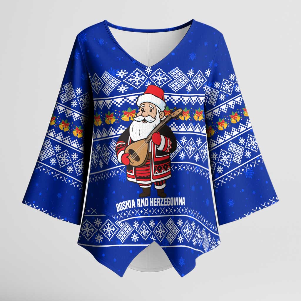 Bosnia and Herzegovina Christmas Kimono Sleeve Blouse with Santa Playing Traditional Instrument and Blue Snowflake Pattern - Shopicos