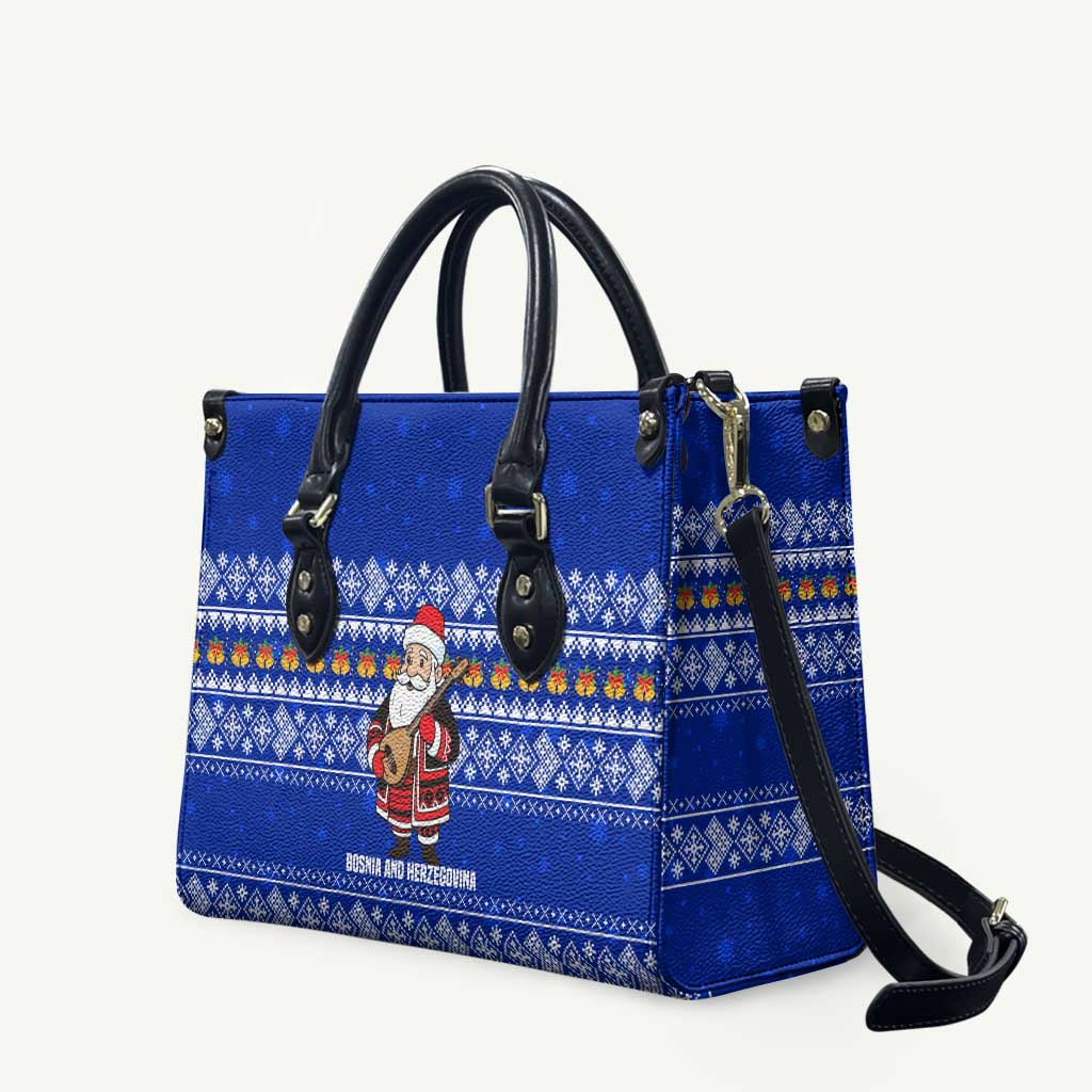 Bosnia and Herzegovina Christmas Leather Bag with Santa Playing Traditional Instrument and Blue Snowflake Pattern - Shopicos