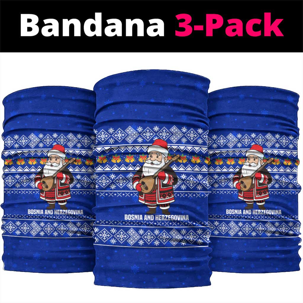 Bosnia and Herzegovina Christmas Neck Gaiter with Santa Playing Traditional Instrument and Blue Snowflake Pattern - Shopicos