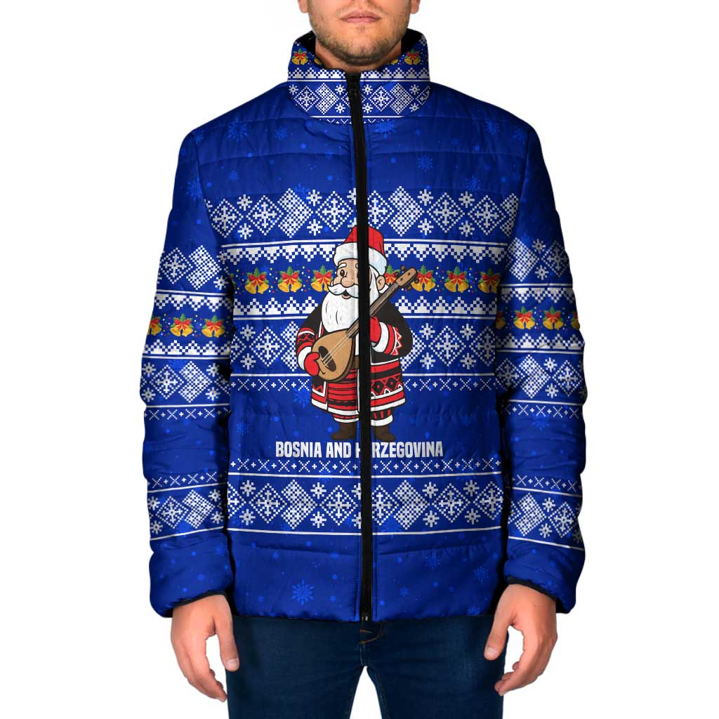 Bosnia and Herzegovina Christmas Padded Jacket with Santa Playing Traditional Instrument and Blue Snowflake Pattern - Shopicos