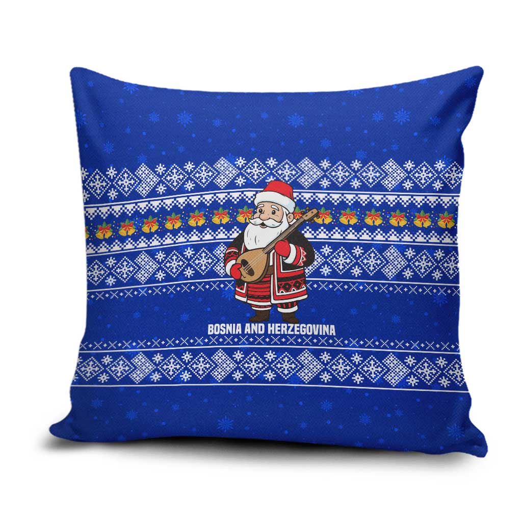 Bosnia and Herzegovina Christmas Pillow Cover with Santa Playing Traditional Instrument and Blue Snowflake Pattern - Shopicos