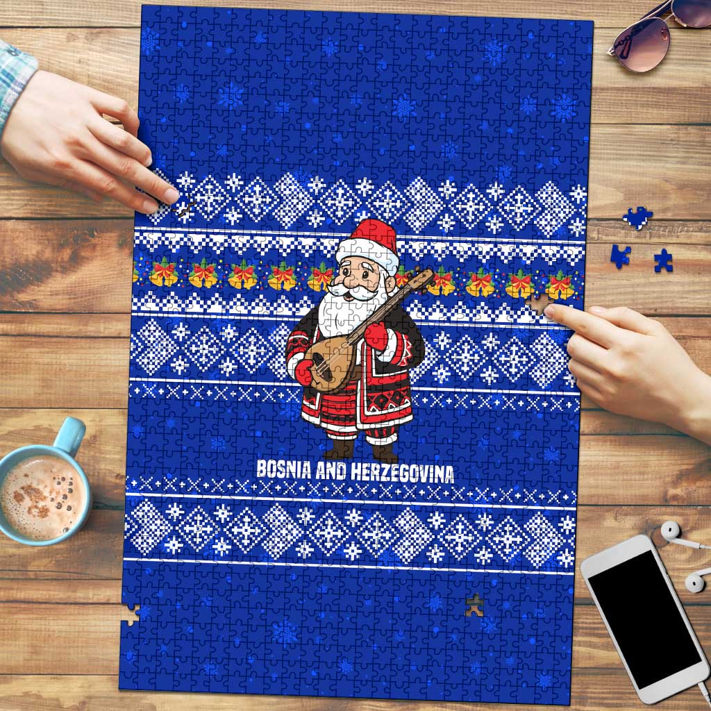 Bosnia and Herzegovina Christmas Puzzle with Santa Playing Traditional Instrument and Blue Snowflake Pattern - Shopicos