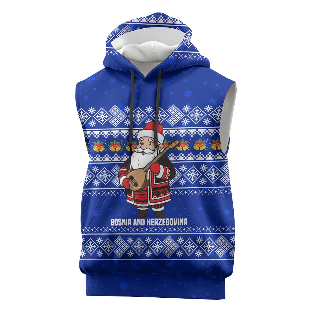 Bosnia and Herzegovina Christmas Sleeveless Hoodie with Santa Playing Traditional Instrument and Blue Snowflake Pattern - Shopicos