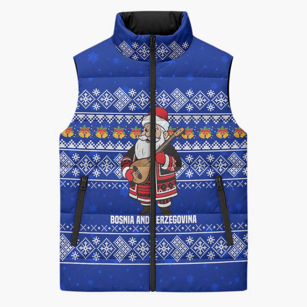 Bosnia and Herzegovina Christmas Sleeveless Puffer Jacket with Santa Playing Traditional Instrument and Blue Snowflake Pattern - Shopicos