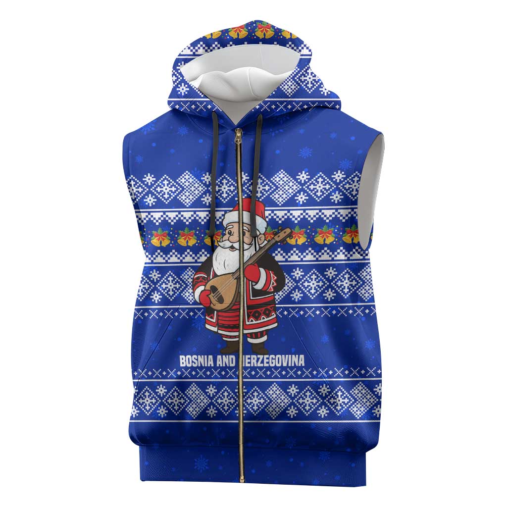 Bosnia and Herzegovina Christmas Sleeveless Zip Hoodie with Santa Playing Traditional Instrument and Blue Snowflake Pattern - Shopicos
