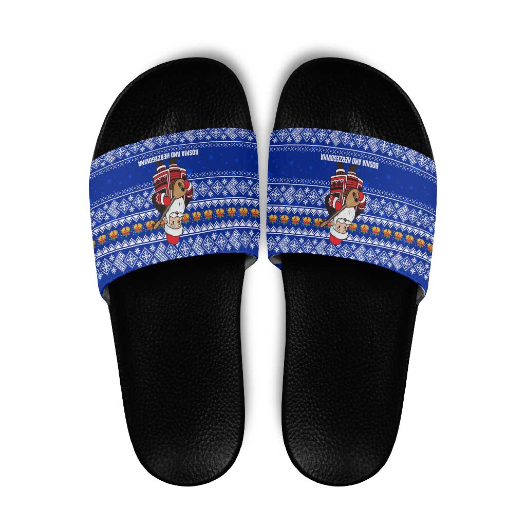 Bosnia and Herzegovina Christmas Slide Sandals with Santa Playing Traditional Instrument and Blue Snowflake Pattern - Shopicos