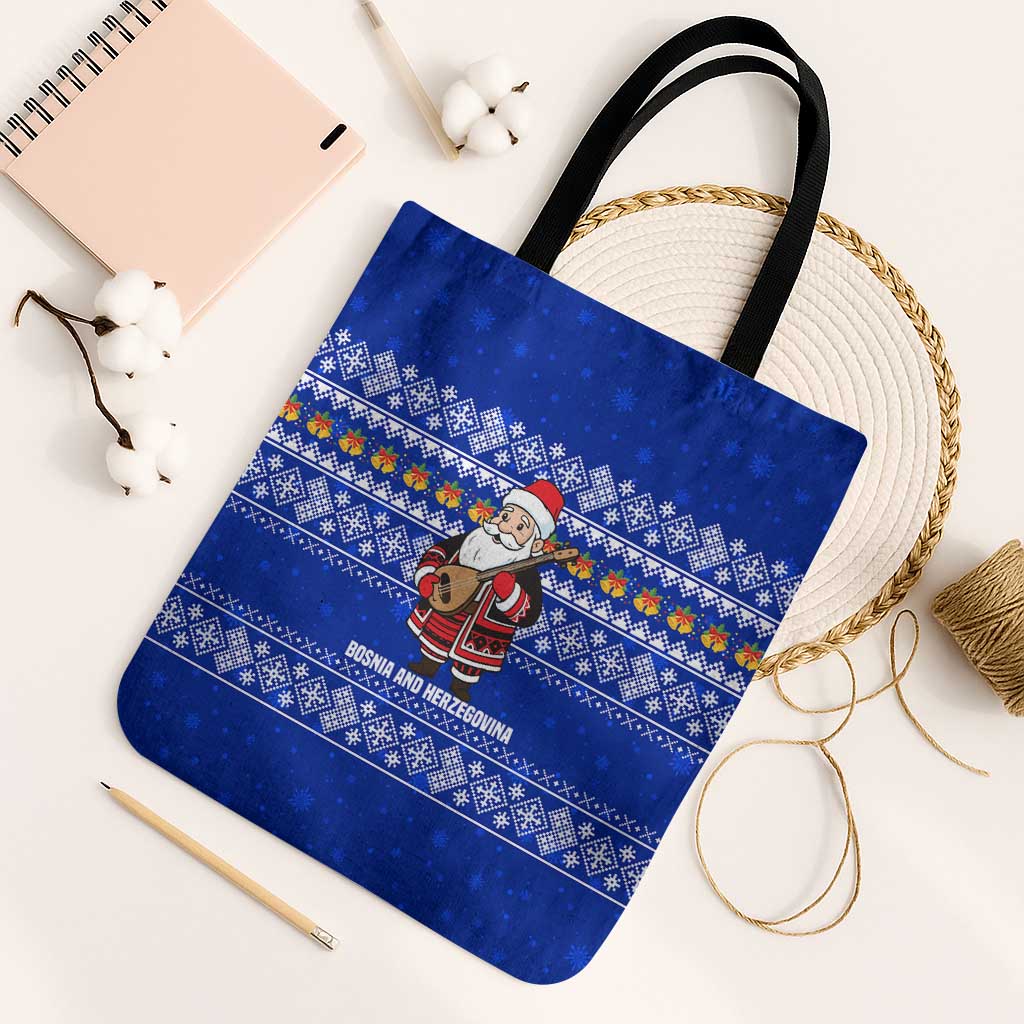 Bosnia and Herzegovina Christmas Tote Bag with Santa Playing Traditional Instrument and Blue Snowflake Pattern - Shopicos