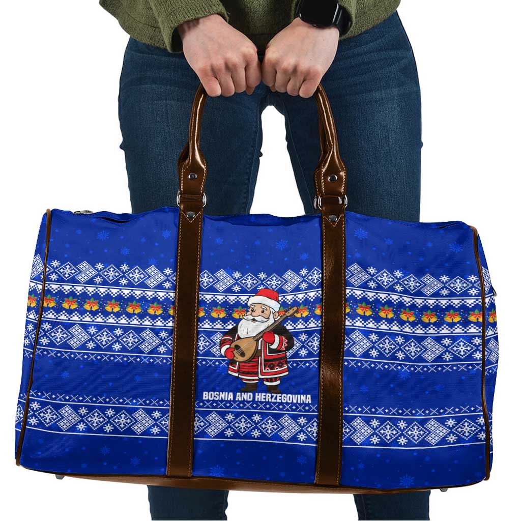 Bosnia and Herzegovina Christmas Travel Bag with Santa Playing Traditional Instrument and Blue Snowflake Pattern - Shopicos