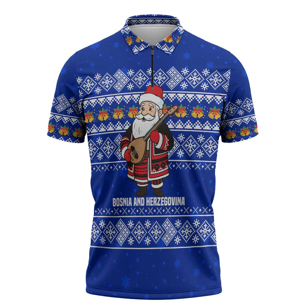 Bosnia and Herzegovina Christmas Zipper Polo Shirt with Santa Playing Traditional Instrument and Blue Snowflake Pattern - Shopicos