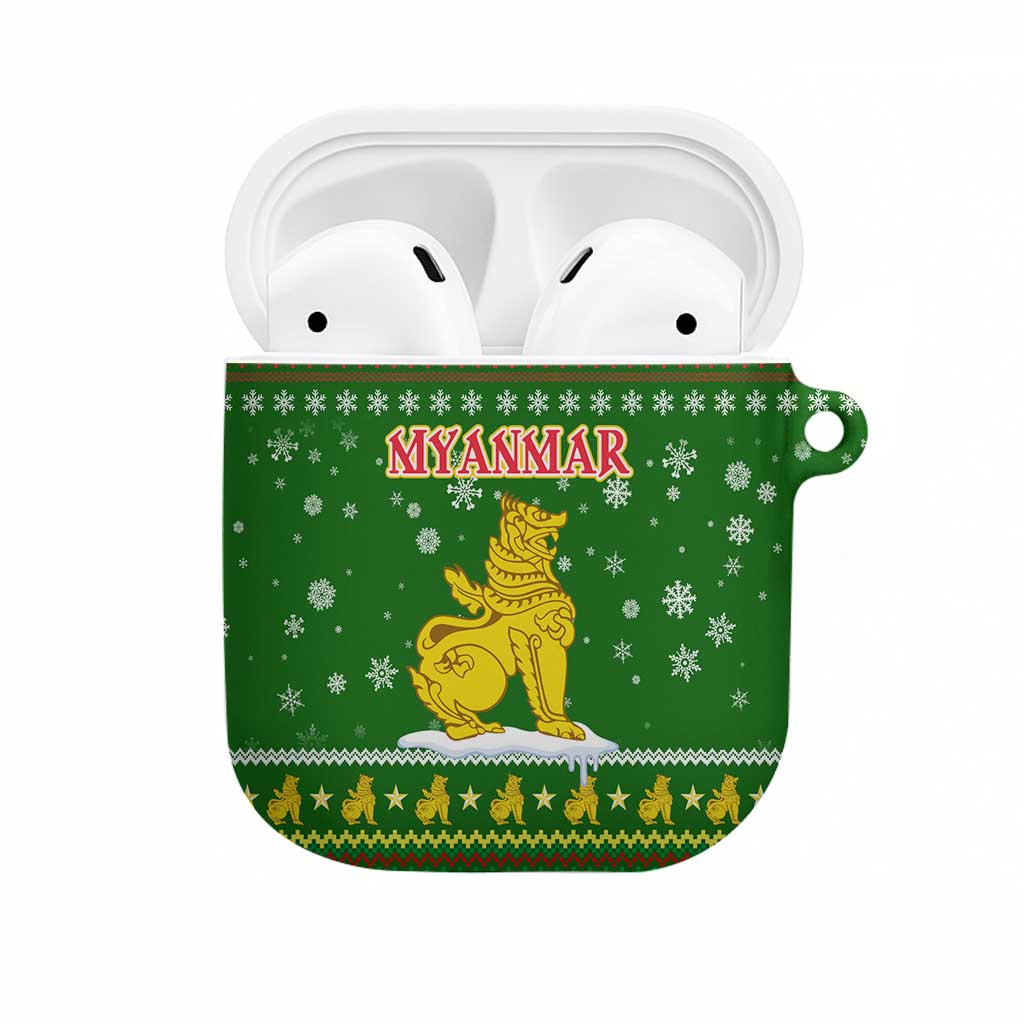 Myanmar Christmas AirPods Case with Green-Gold Theme, Chinthe Lion, and Santa Motif - Shopicos