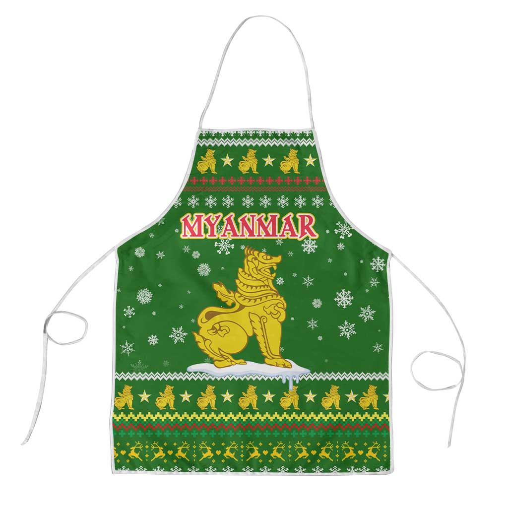 Myanmar Christmas Apron with Green-Gold Theme, Chinthe Lion, and Santa Motif - Shopicos