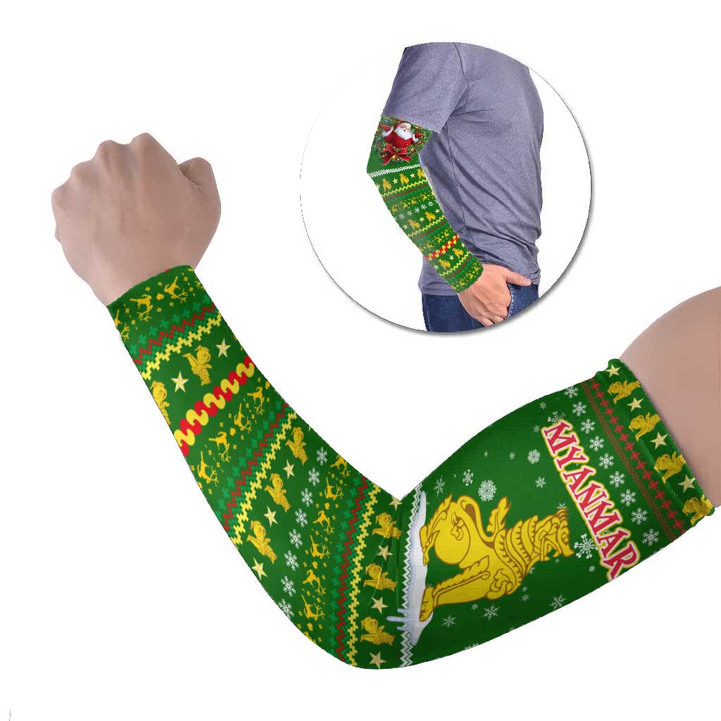 Myanmar Christmas Arm Sleeves with Green-Gold Theme, Chinthe Lion, and Santa Motif - Shopicos