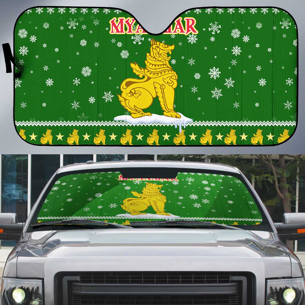 Myanmar Christmas Auto Sun Shade with Green-Gold Theme, Chinthe Lion, and Santa Motif - Shopicos