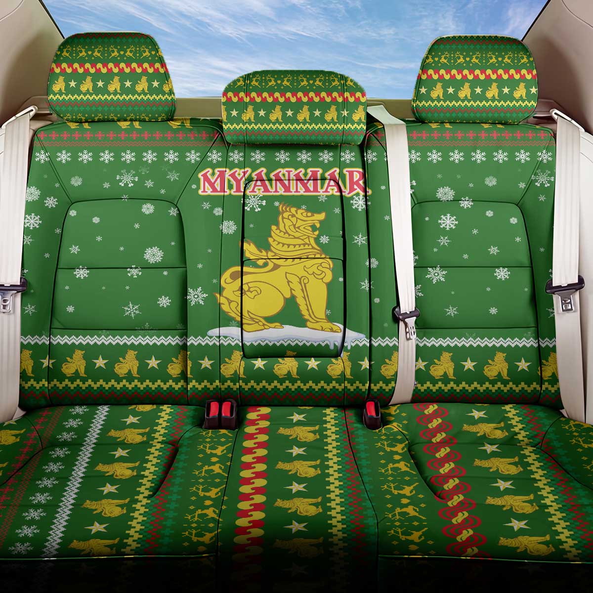 Myanmar Christmas Back Car Seat Cover with Green-Gold Theme, Chinthe Lion, and Santa Motif - Shopicos