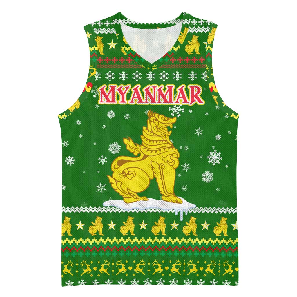 Myanmar Christmas Basketball Jersey with Green-Gold Theme, Chinthe Lion, and Santa Motif - Shopicos