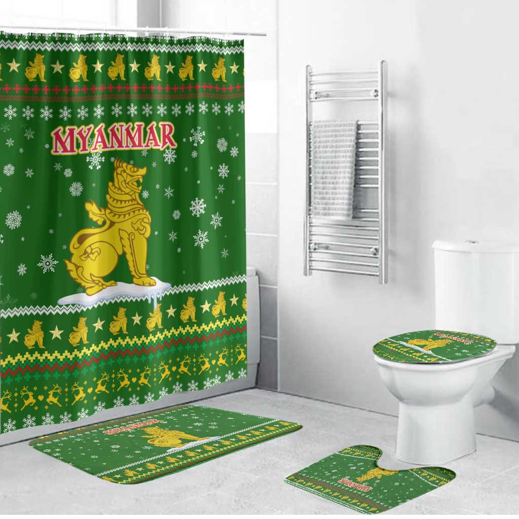 Myanmar Christmas Bathroom Set with Green-Gold Theme, Chinthe Lion, and Santa Motif - Shopicos