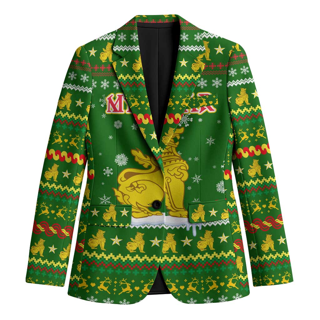 Myanmar Christmas Blazer with Green-Gold Theme, Chinthe Lion, and Santa Motif - Shopicos