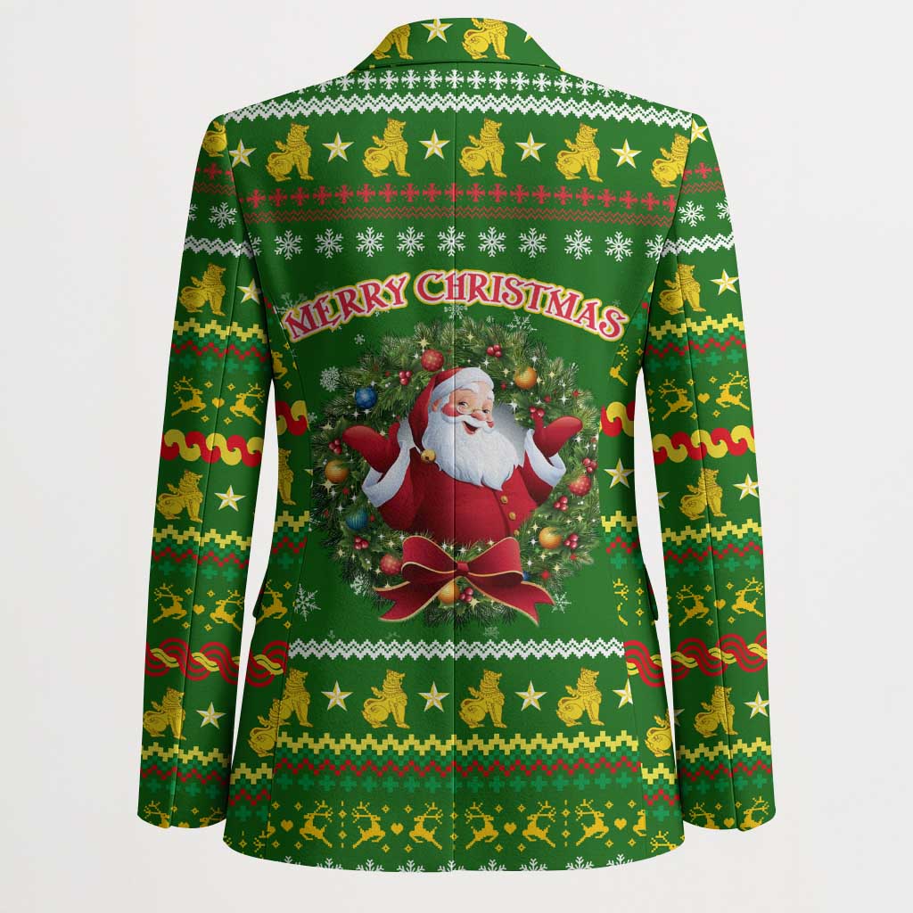 Myanmar Christmas Blazer with Green-Gold Theme, Chinthe Lion, and Santa Motif - Shopicos