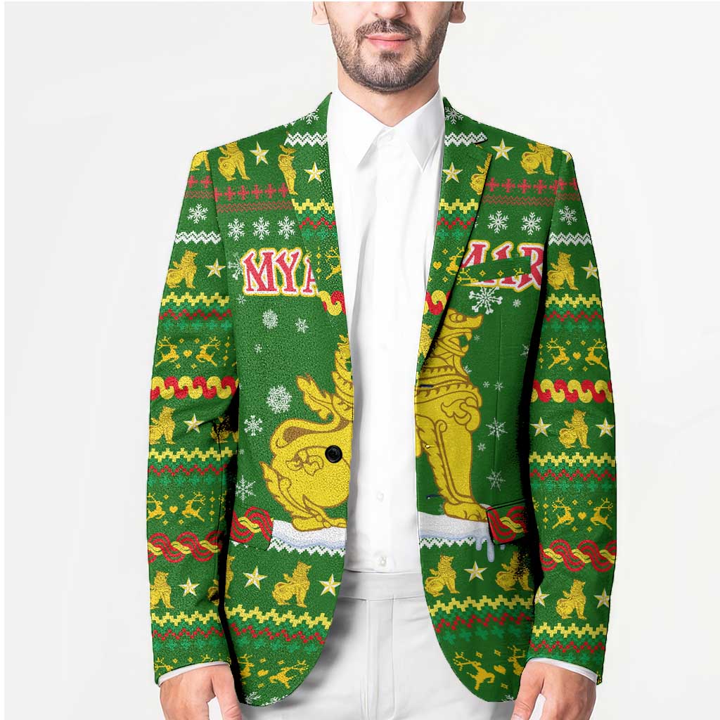 Myanmar Christmas Blazer with Green-Gold Theme, Chinthe Lion, and Santa Motif - Shopicos