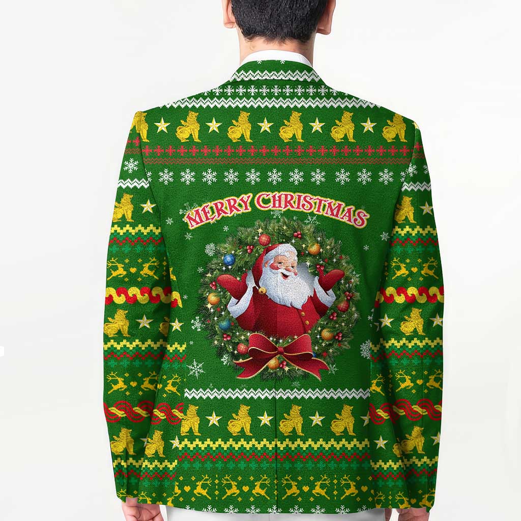 Myanmar Christmas Blazer with Green-Gold Theme, Chinthe Lion, and Santa Motif - Shopicos