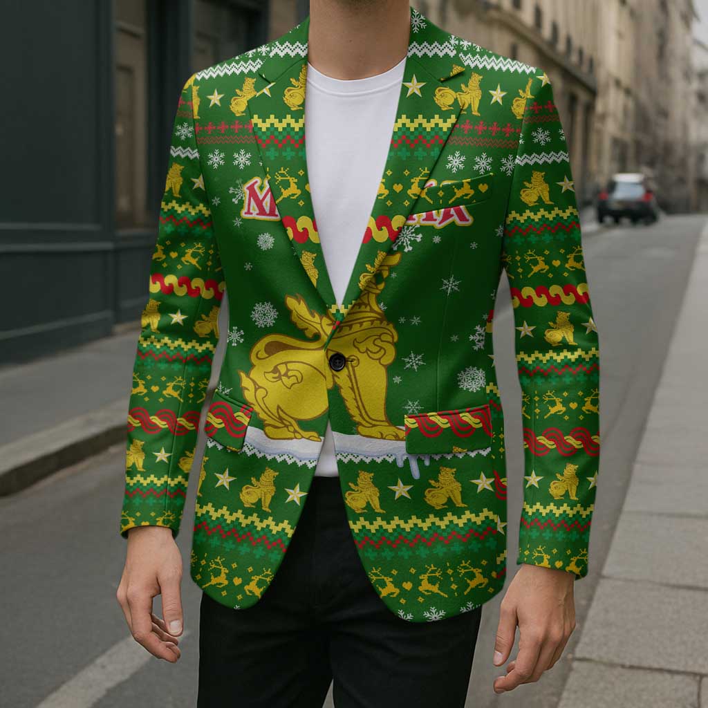 Myanmar Christmas Blazer with Green-Gold Theme, Chinthe Lion, and Santa Motif - Shopicos