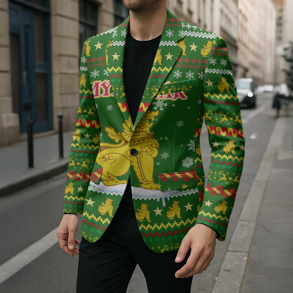 Myanmar Christmas Blazer with Green-Gold Theme, Chinthe Lion, and Santa Motif - Shopicos