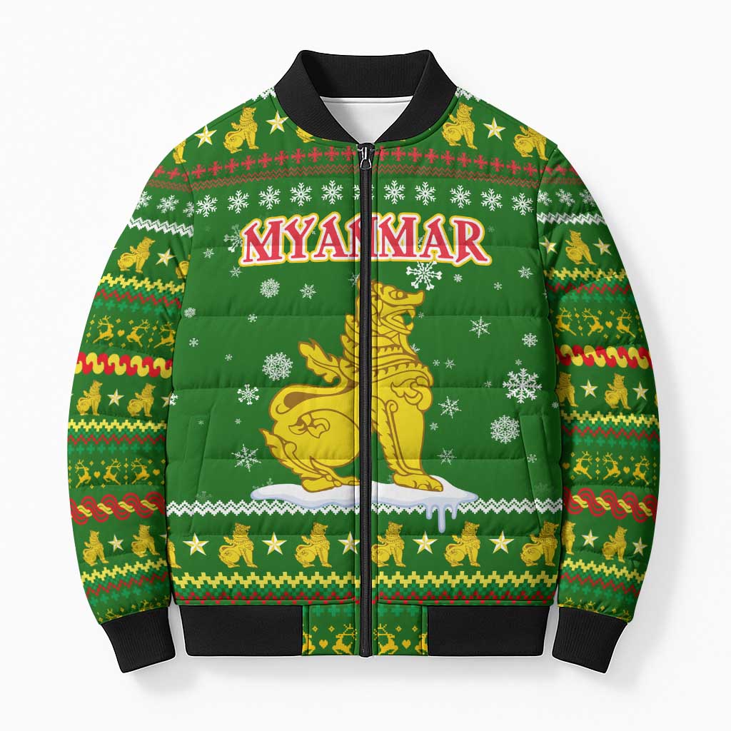 Myanmar Christmas Bomber Puffer Jacket with Green-Gold Theme, Chinthe Lion, and Santa Motif - Shopicos
