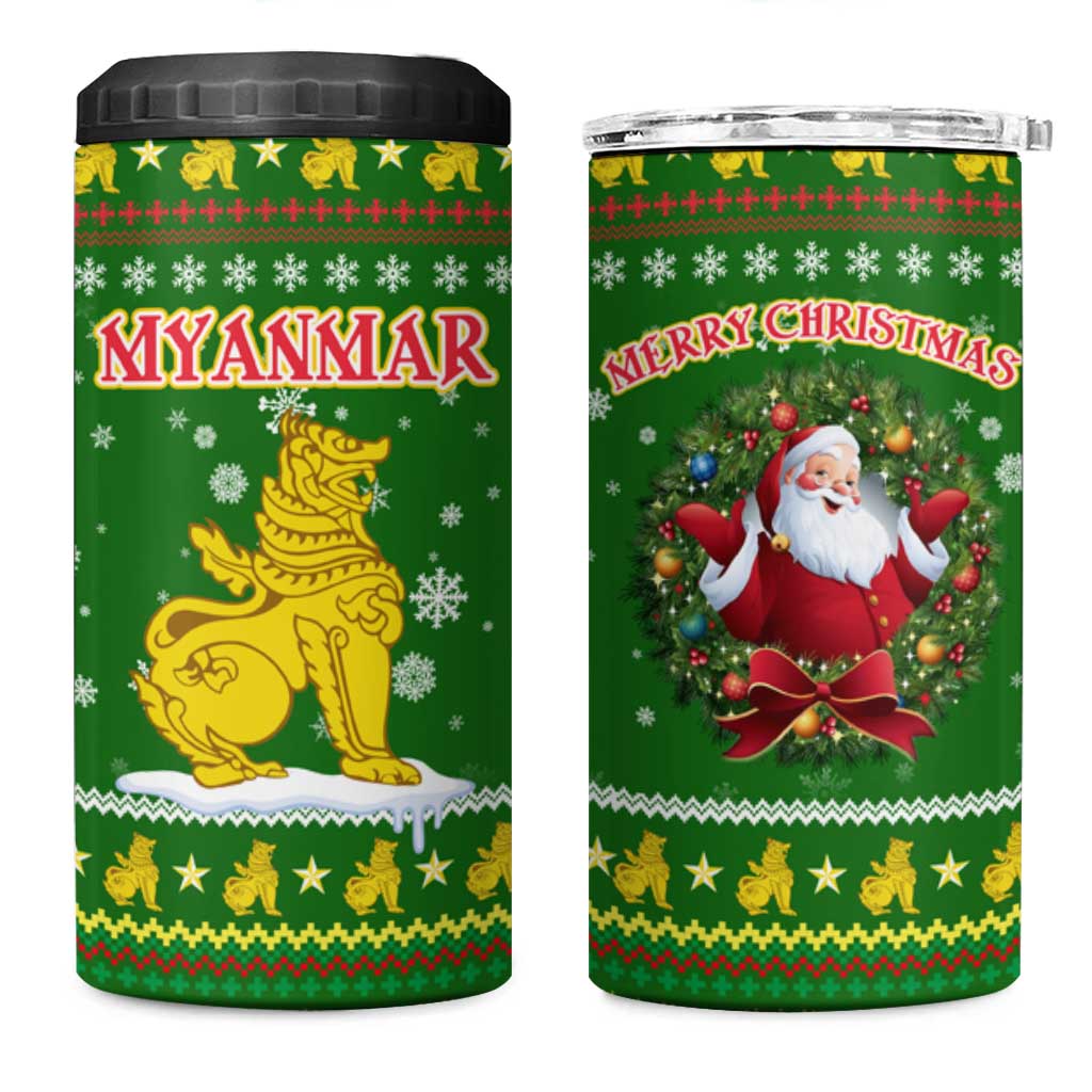 Myanmar Christmas 4 in 1 Can Cooler Tumbler with Green-Gold Theme, Chinthe Lion, and Santa Motif - Shopicos
