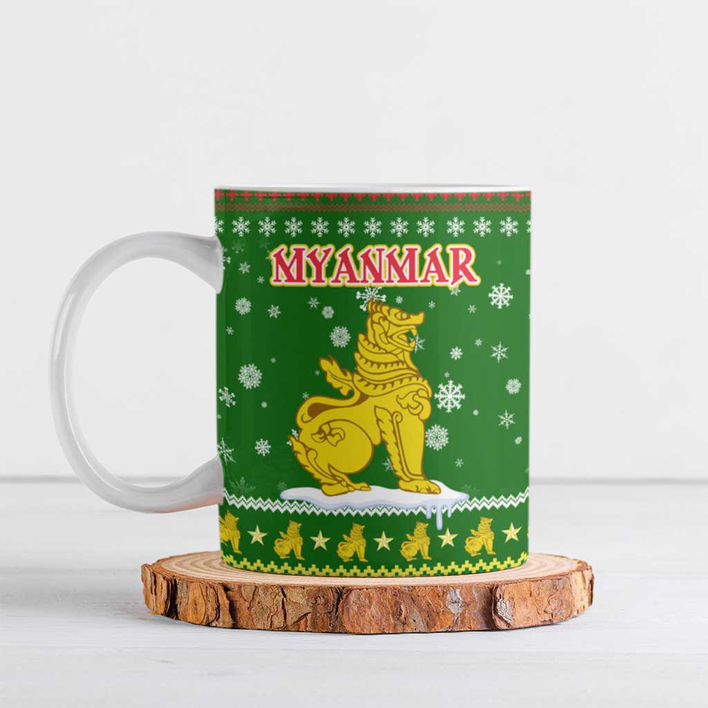 Myanmar Christmas Ceramic Mug with Green-Gold Theme, Chinthe Lion, and Santa Motif - Shopicos