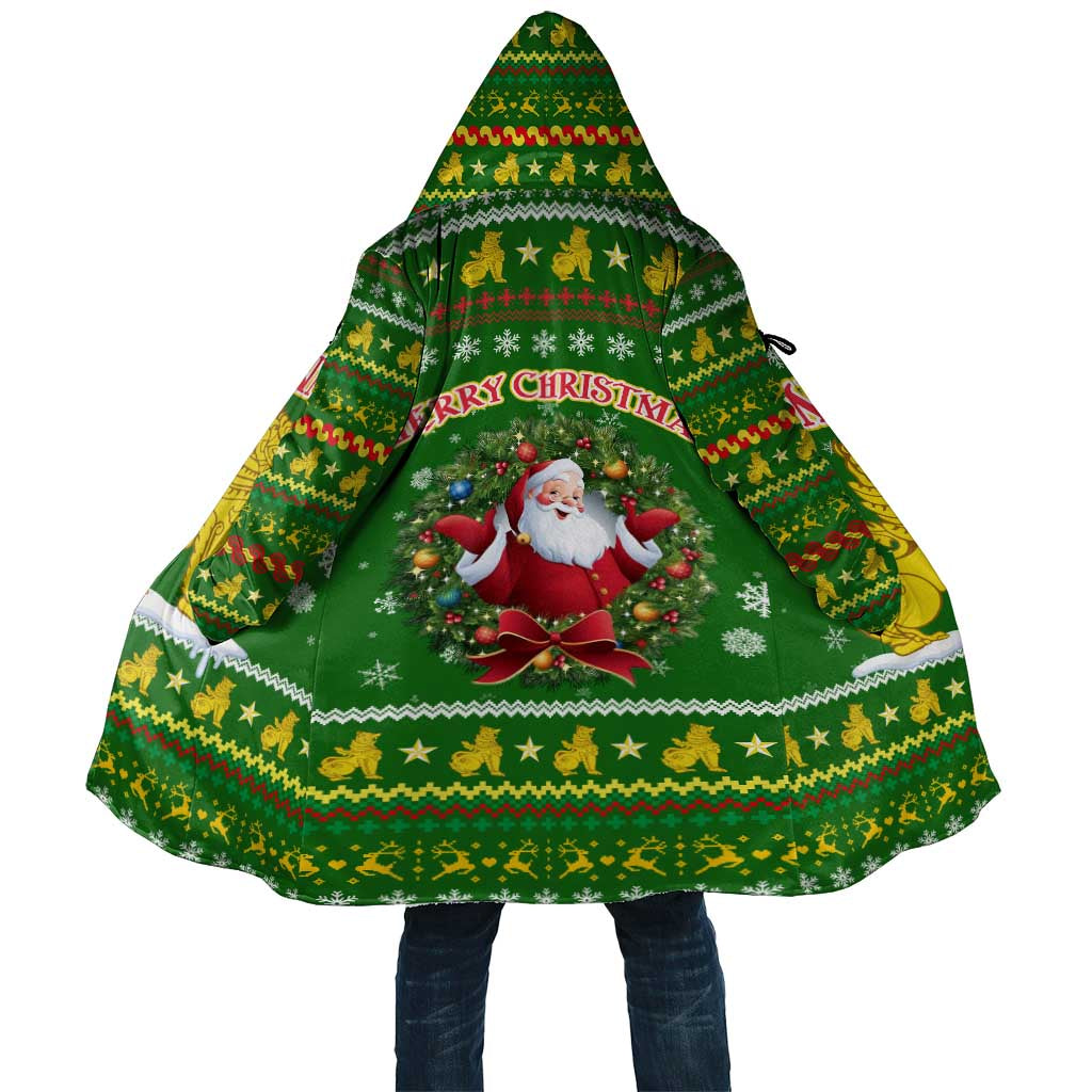 Myanmar Christmas Cloak with Green-Gold Theme, Chinthe Lion, and Santa Motif - Shopicos