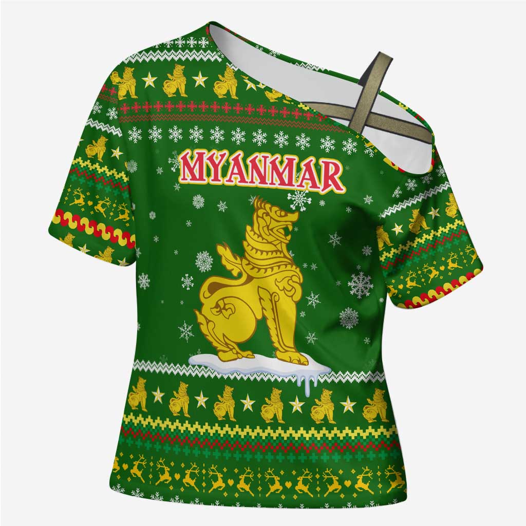 Myanmar Christmas Cross Shoulder Shirt with Green-Gold Theme, Chinthe Lion, and Santa Motif - Shopicos