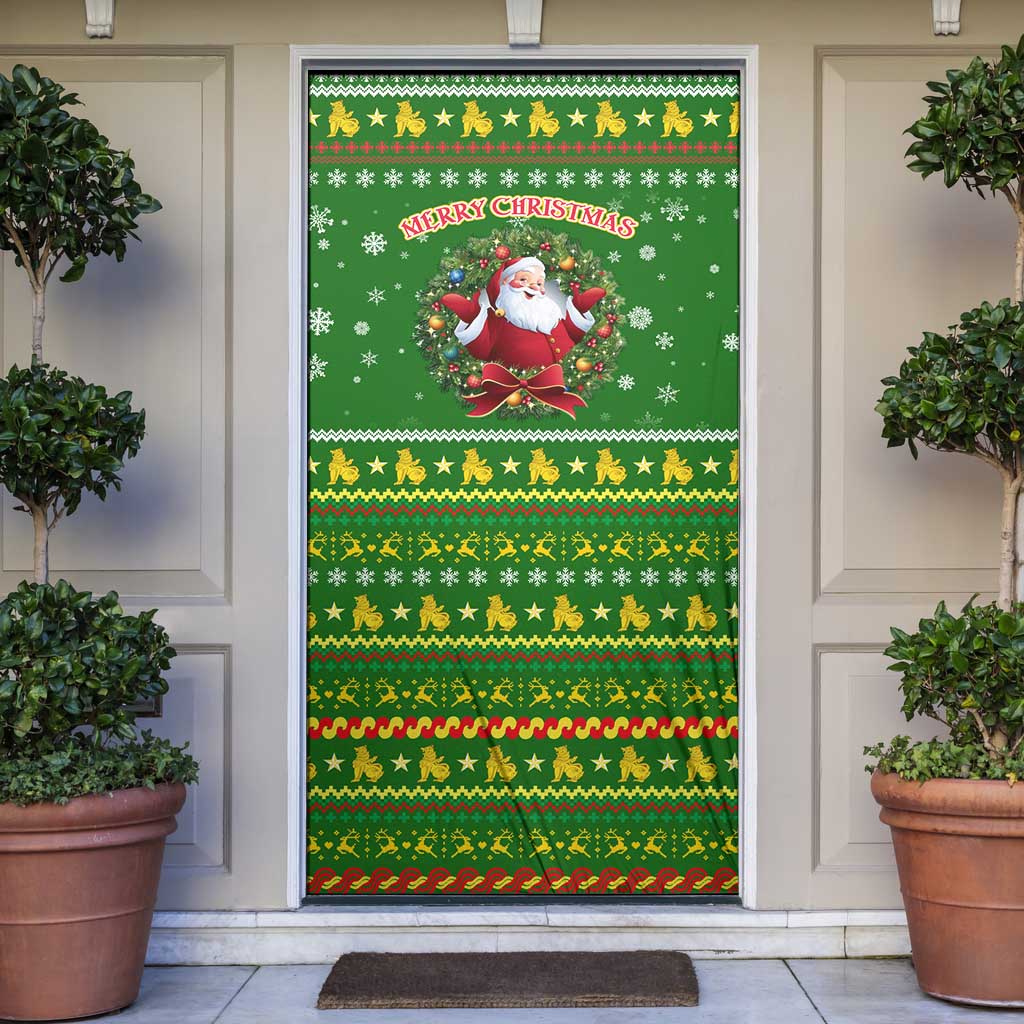 Myanmar Christmas Door Cover with Green-Gold Theme, Chinthe Lion, and Santa Motif - Shopicos