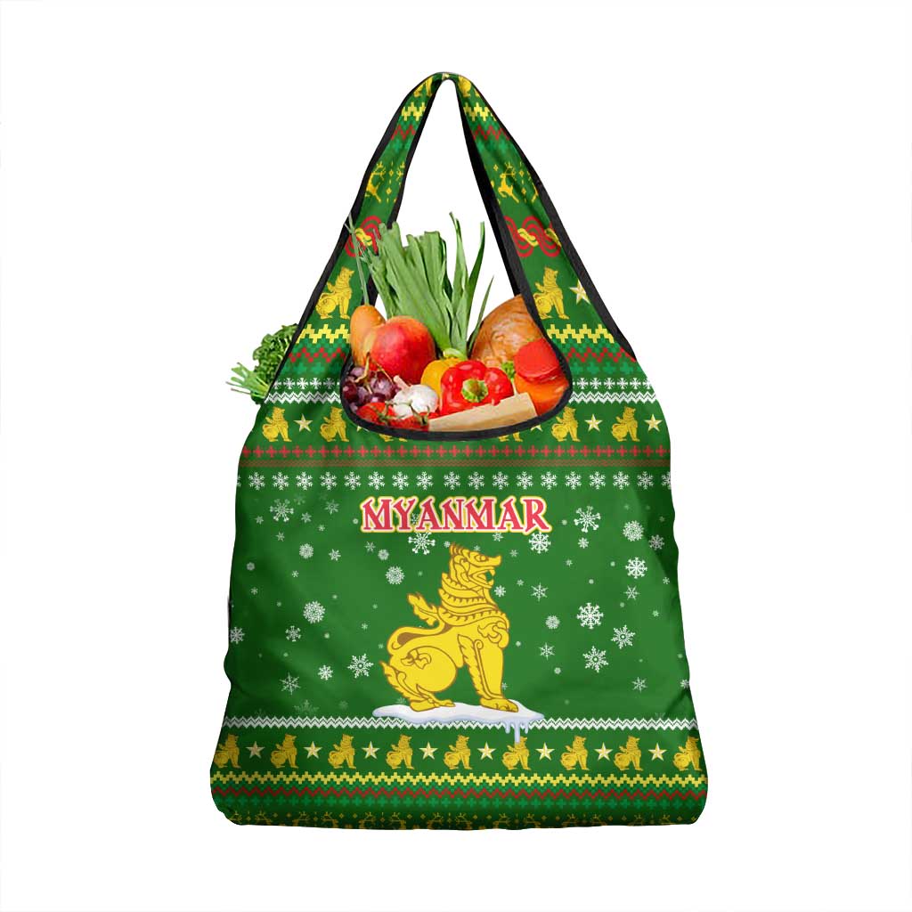 Myanmar Christmas Grocery Bag with Green-Gold Theme, Chinthe Lion, and Santa Motif - Shopicos