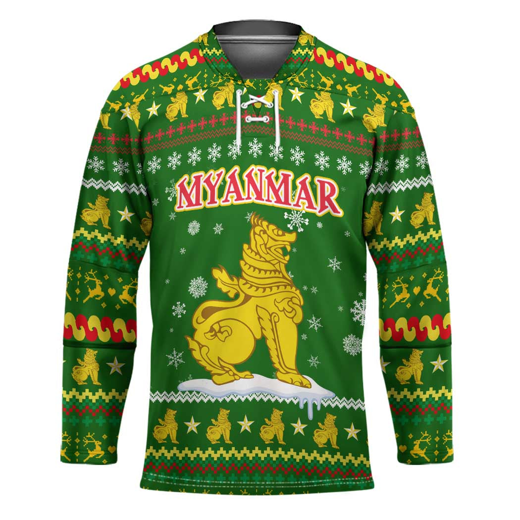 Myanmar Christmas Hockey Jersey with Green-Gold Theme, Chinthe Lion, and Santa Motif - Shopicos