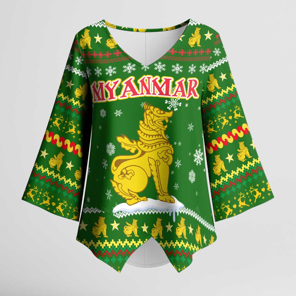 Myanmar Christmas Kimono Sleeve Blouse with Green-Gold Theme, Chinthe Lion, and Santa Motif - Shopicos