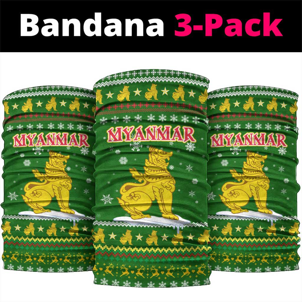 Myanmar Christmas Neck Gaiter with Green-Gold Theme, Chinthe Lion, and Santa Motif - Shopicos