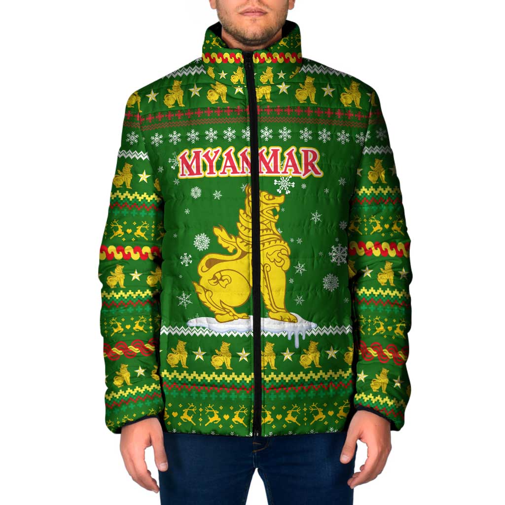Myanmar Christmas Padded Jacket with Green-Gold Theme, Chinthe Lion, and Santa Motif - Shopicos