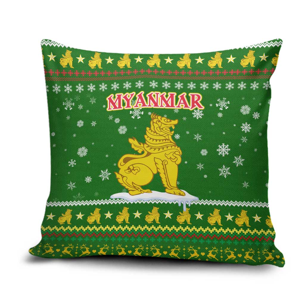 Myanmar Christmas Pillow Cover with Green-Gold Theme, Chinthe Lion, and Santa Motif - Shopicos