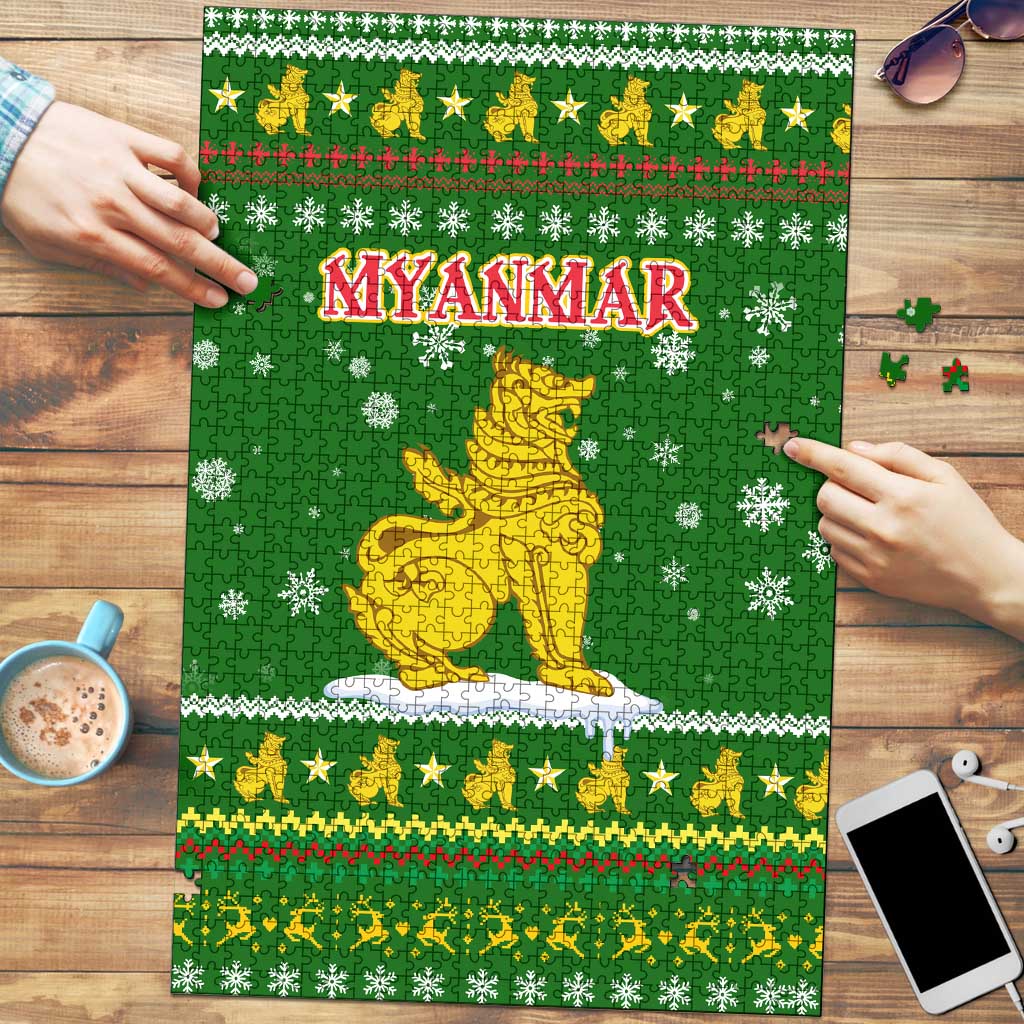 Myanmar Christmas Puzzle with Green-Gold Theme, Chinthe Lion, and Santa Motif - Shopicos