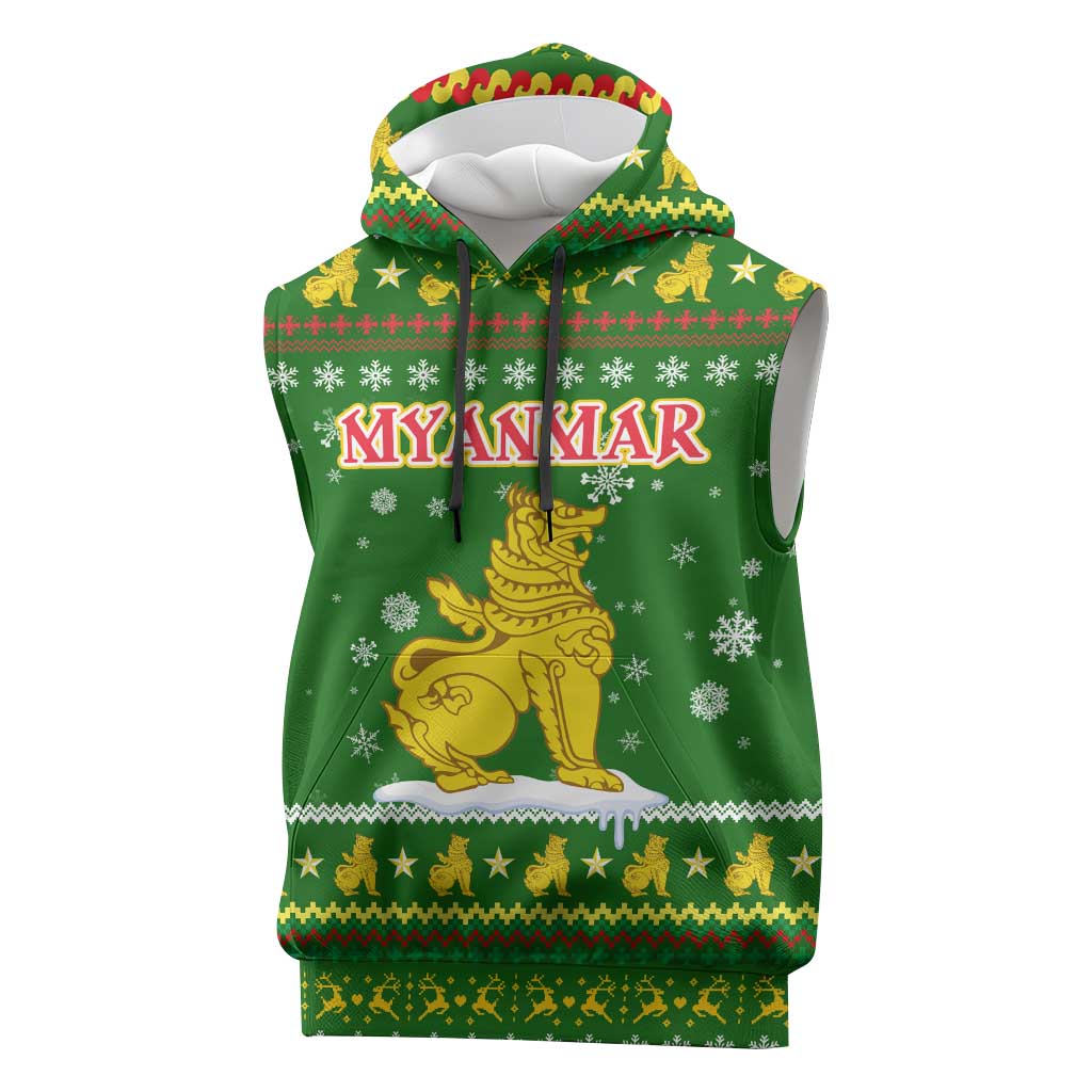 Myanmar Christmas Sleeveless Hoodie with Green-Gold Theme, Chinthe Lion, and Santa Motif - Shopicos